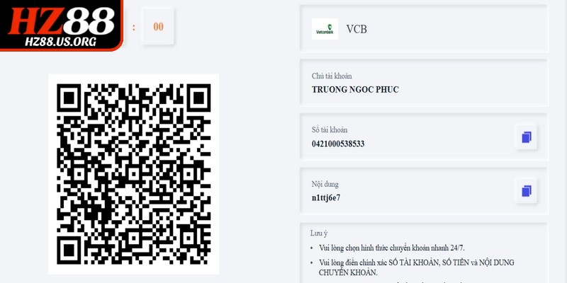 Hướng dẫn chi tiết quy trình nạp tiền HZ88